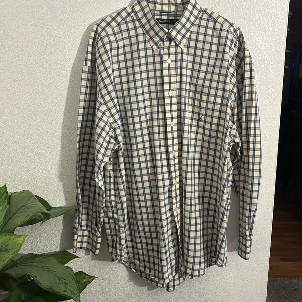 Nautica White Blue Long Sleeve Button Up Shirt XXL